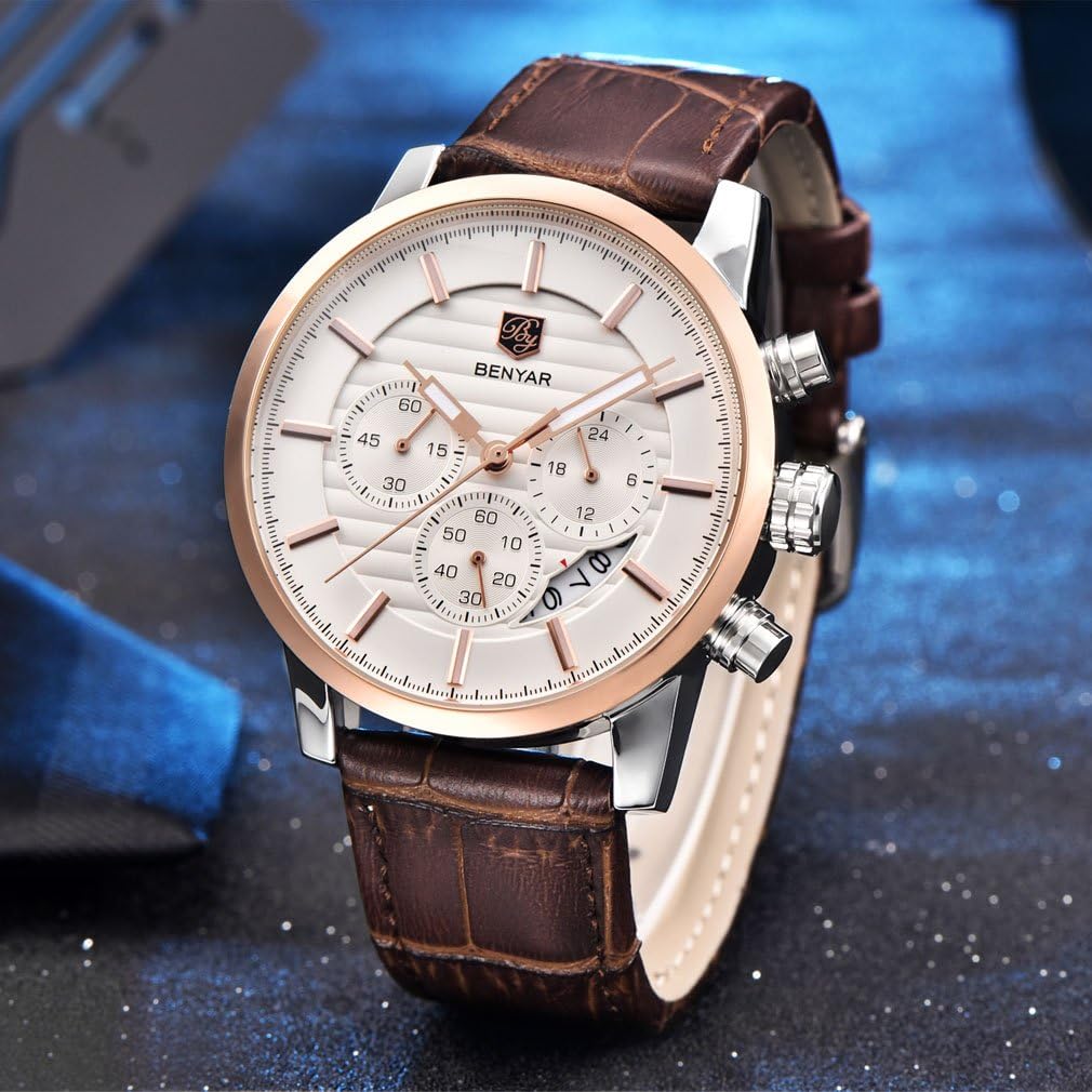 BENYAR Mens Watches Quartz Chronograph Business Brand Waterproof Wristwatches Fashion Brown Leather Watches for Men (Leather Gold White) - Image 5