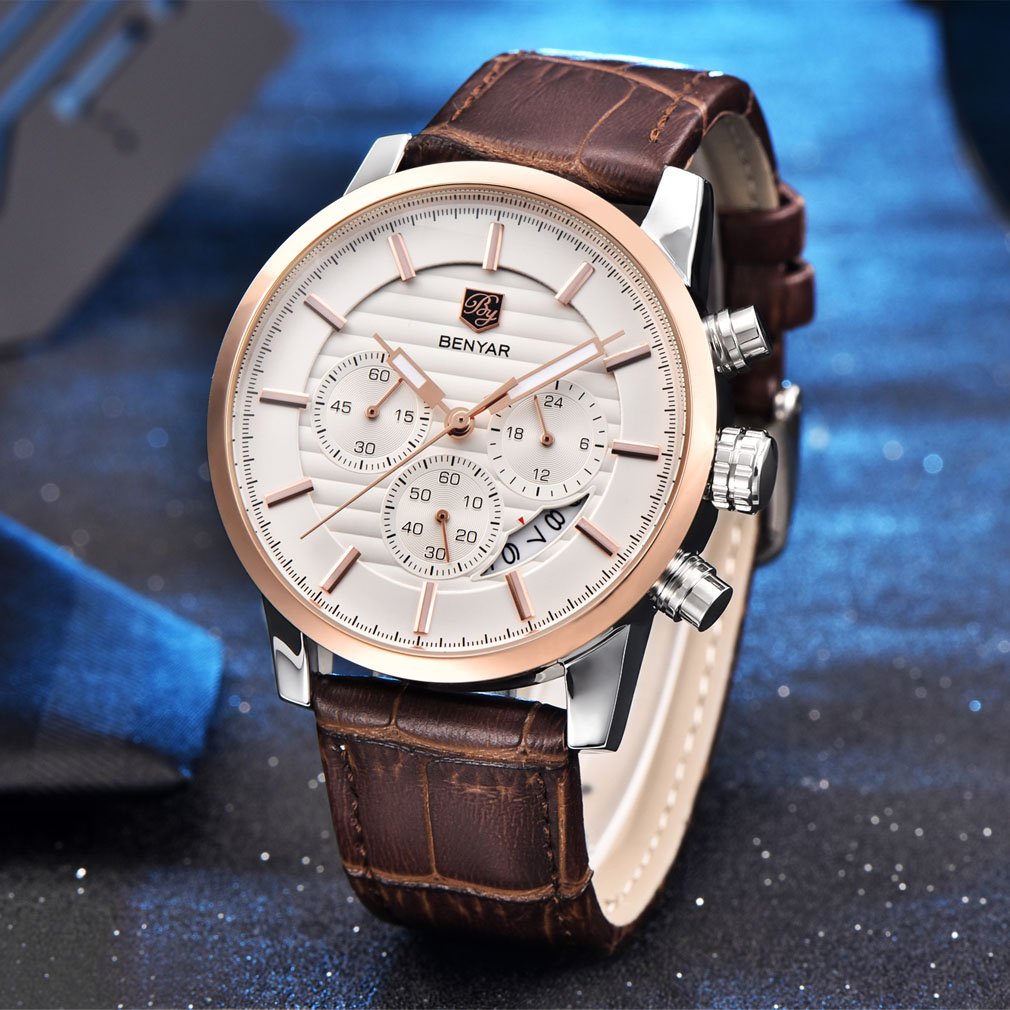 BENYAR Reloj de Pulsera de Cuarzo para Hombres con cronógrafo, Resistente al Agua, diseño de Negocios y Deporte, Correa de Piel…