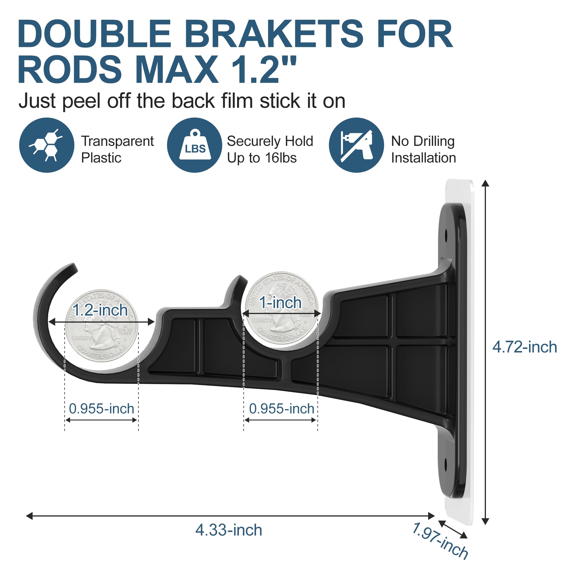 MUAKIOY No Drill Double Curtain Rod Brackets, 6-Pack Black Self Adhesive Curtain Rod Holders Nail-Free, Double Rods Hooks Hanger Supports 1 to 1.2'' Drapery Rods for Living Room Bedroom