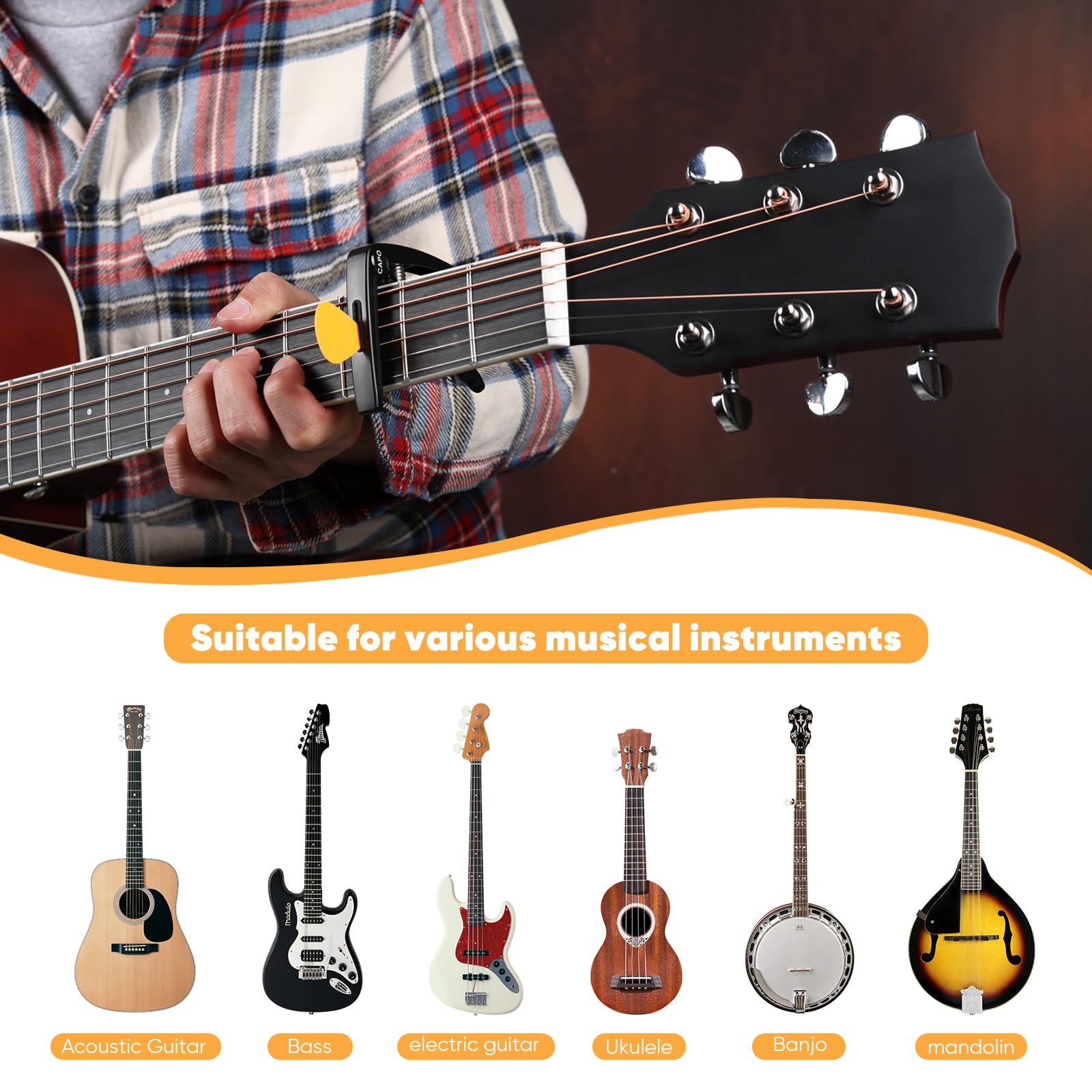 Moom Paquete de 2 cejillas y afinador de guitarra acústica de 6 cuerdas de liberación rápida para guitarras eléctricas, bajo, ukelele, cejillas dobles sin zumbidos con 4 púas de primera calidad