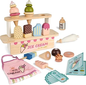 Wooden Ice Cream Toys for Toddlers 3-5, Pretend Play Popsicle Play Set with Apron, Birthday Gift for Girls Boys