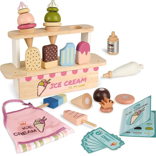 Ice Cream Toys for Toddlers 3-5, Wooden Ice Cream Stand for Kids, Popsicle Toys Ice Cream Set, Kids Ice Cream Shop Playset, Ice Cream Truck Toy Gift for Girl Boy 3 4 5 Years, Wooden Play Food Set