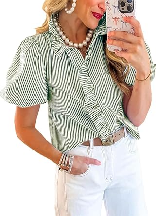 Disamer Womens Puffy Sleeves Tops Button Down Shirt Ruffle Shirt Short Striped Work Tops Trendy Babydoll Stand Collar Blouse