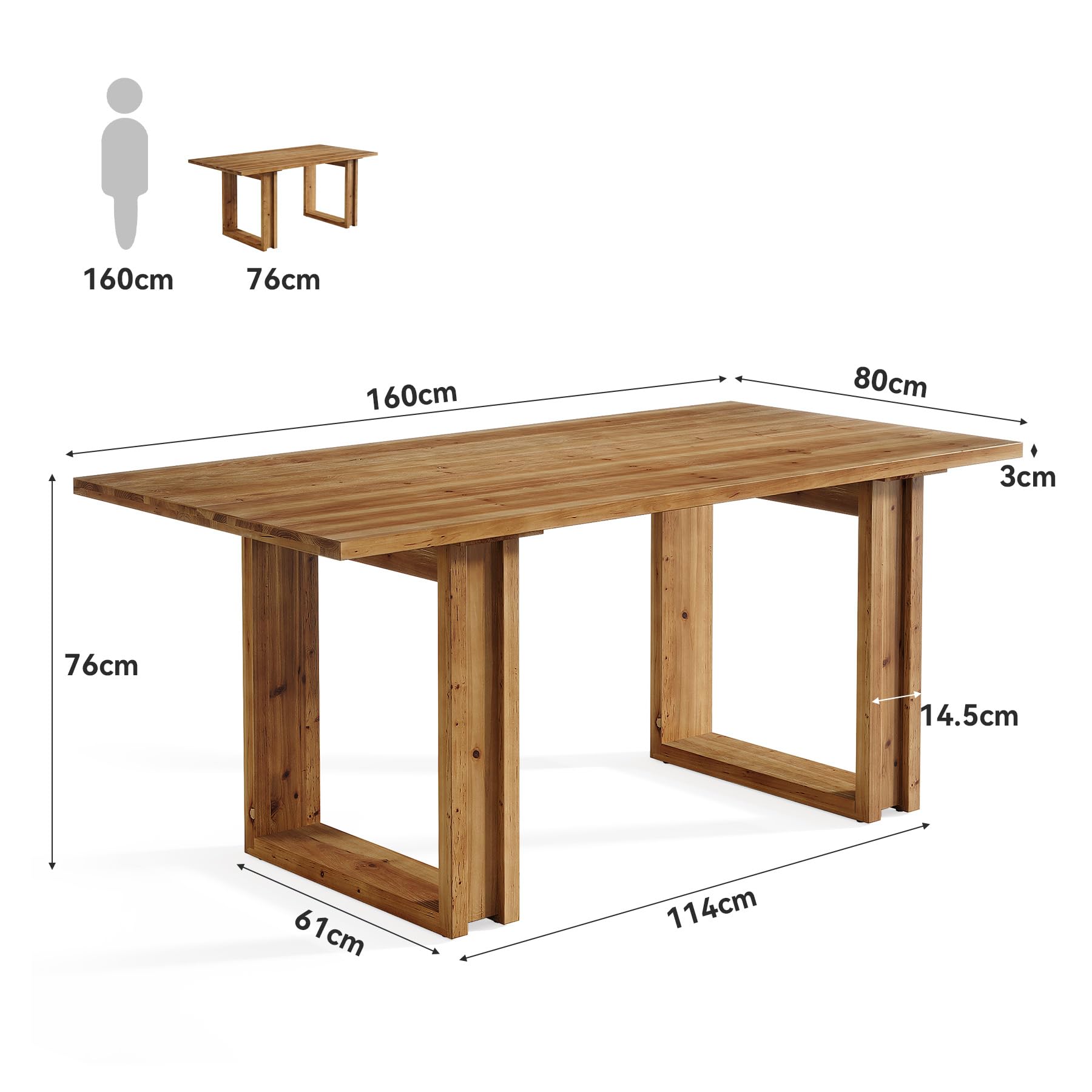 Escritorio de Madera Maciza, 160 x 80 x 76 cm, Mesa de Oficina Grande, Escritorio para Ordenador, Mesa de Escritorio para Home Office, Mesa de PC Estable, Estilo Rústico para Despacho, Estudio y Salón
