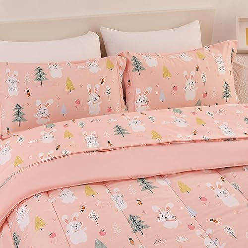 Miniatura 6 de Yibeizi Pink Bunny - Juego de edredón infantil para niñas, tamaño individual, lindo juego de ropa de cama acolchado reversible con estampado de