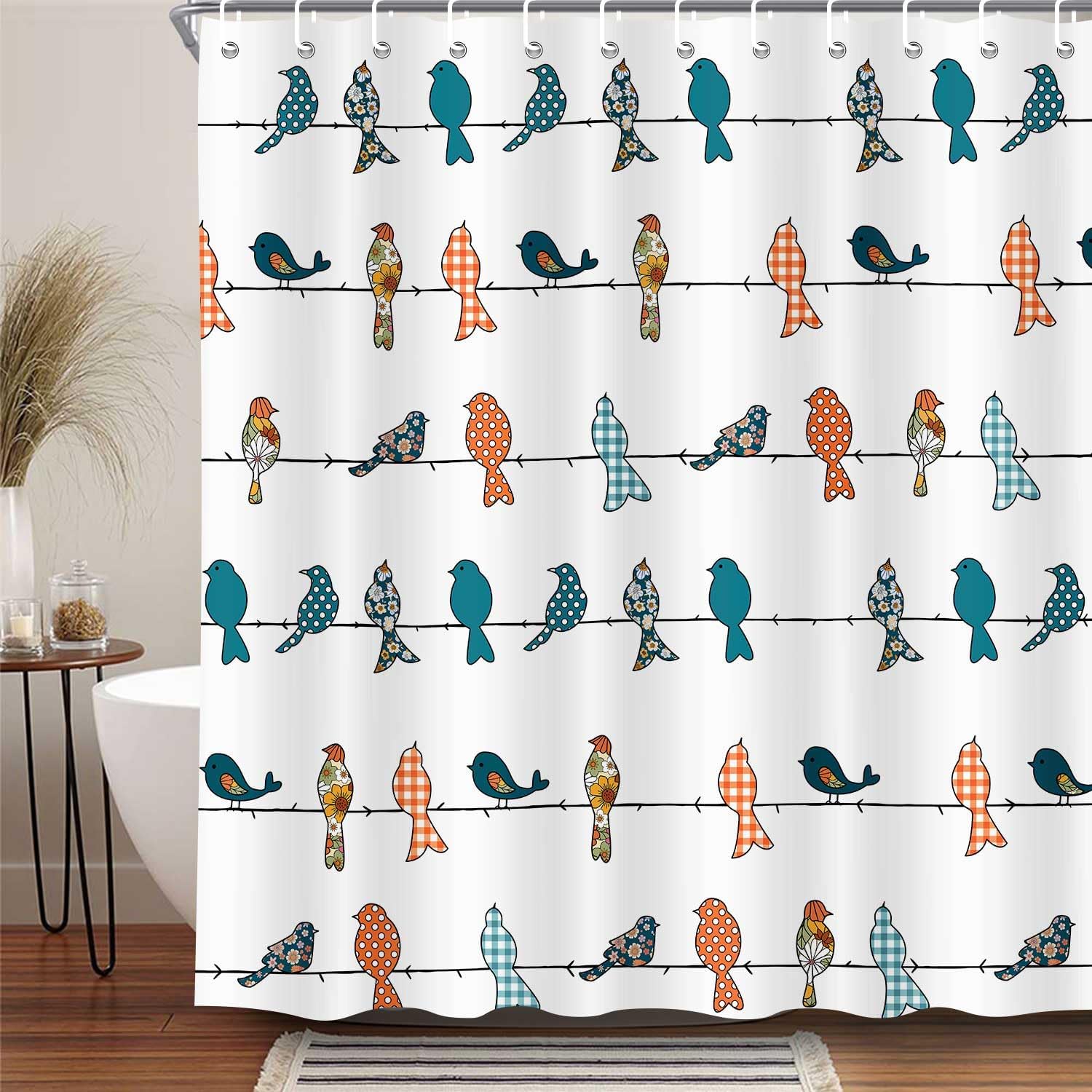 Cute Bird Shower Curtain, Fun for Bathroom, Teal Grey Birds Rustic Waterproof Fabric Set With Hooks 72 x 72 Inches