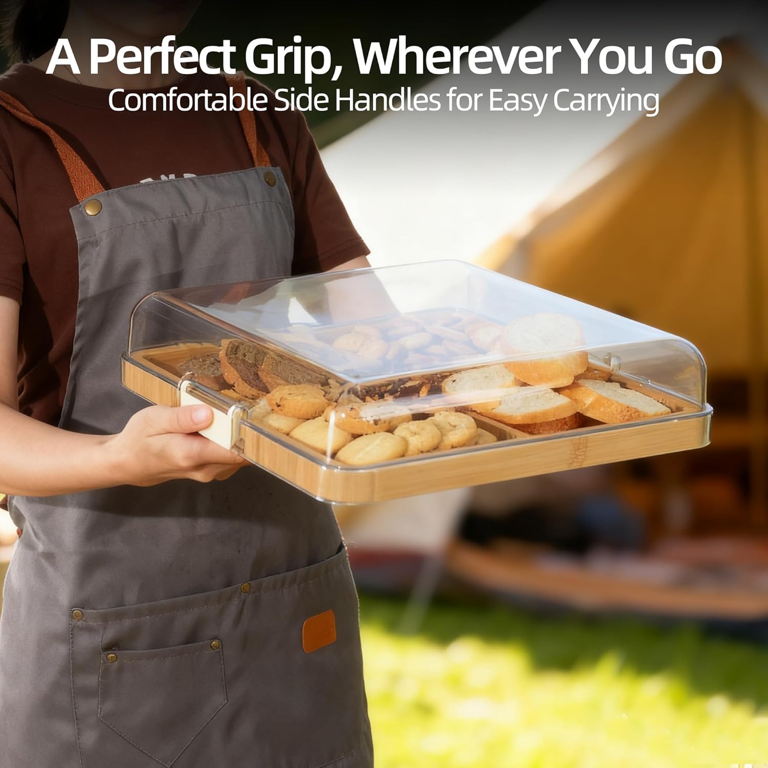 WILLKOMMEN Charcuterie Board with Lid- 5 Compartment Carbonized Bamboo Serving Tray with Locking Lid, Square Serving Platter Divided Serving Dishes for Party Cheese Snack Fruit - Image 4