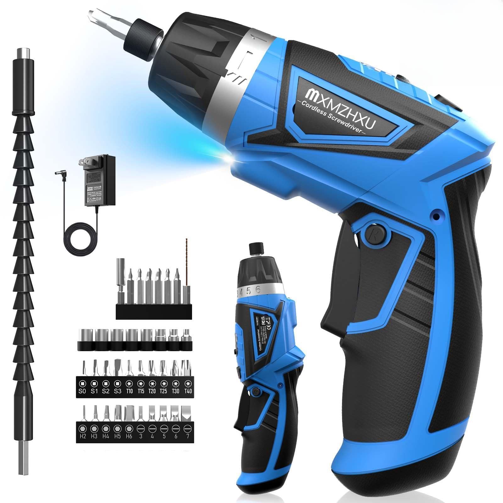 8V Cordless Screwdriver,6+1 Torque Max 10N·m Electric Power Screwdriver with 47 Accessories,180°Pivoting Handle, 2000mAh Rechargeable Screw Gun&Bit Set with LED Light, Flexible Shaft,for Home,Office