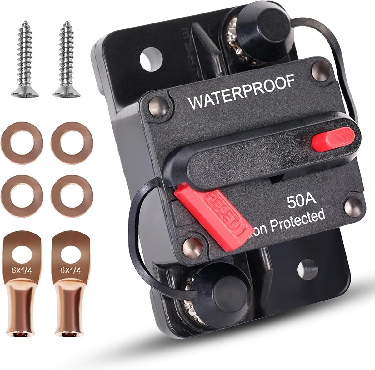Erayco Disyuntor de 50 amperios con reinicio manual para motores de pesca marina de coche, barco, ATV, protección manual de energía para sistema de audio, fusible, 12 V-48 V CC, resistente al agua (50 A)