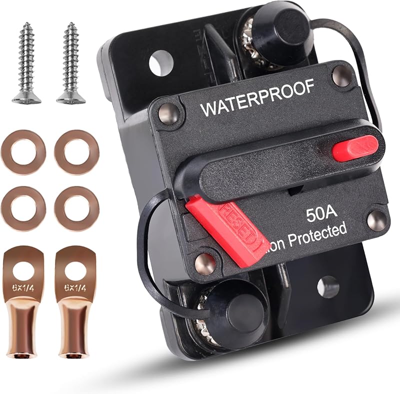 Erayco Disyuntor de 50 amperios con reinicio manual para motores de pesca marina de auto, barco, ATV, protección manual de energía para sistema de audio, fusible, 12 V-48 V CC, resistente al agua (50 A)