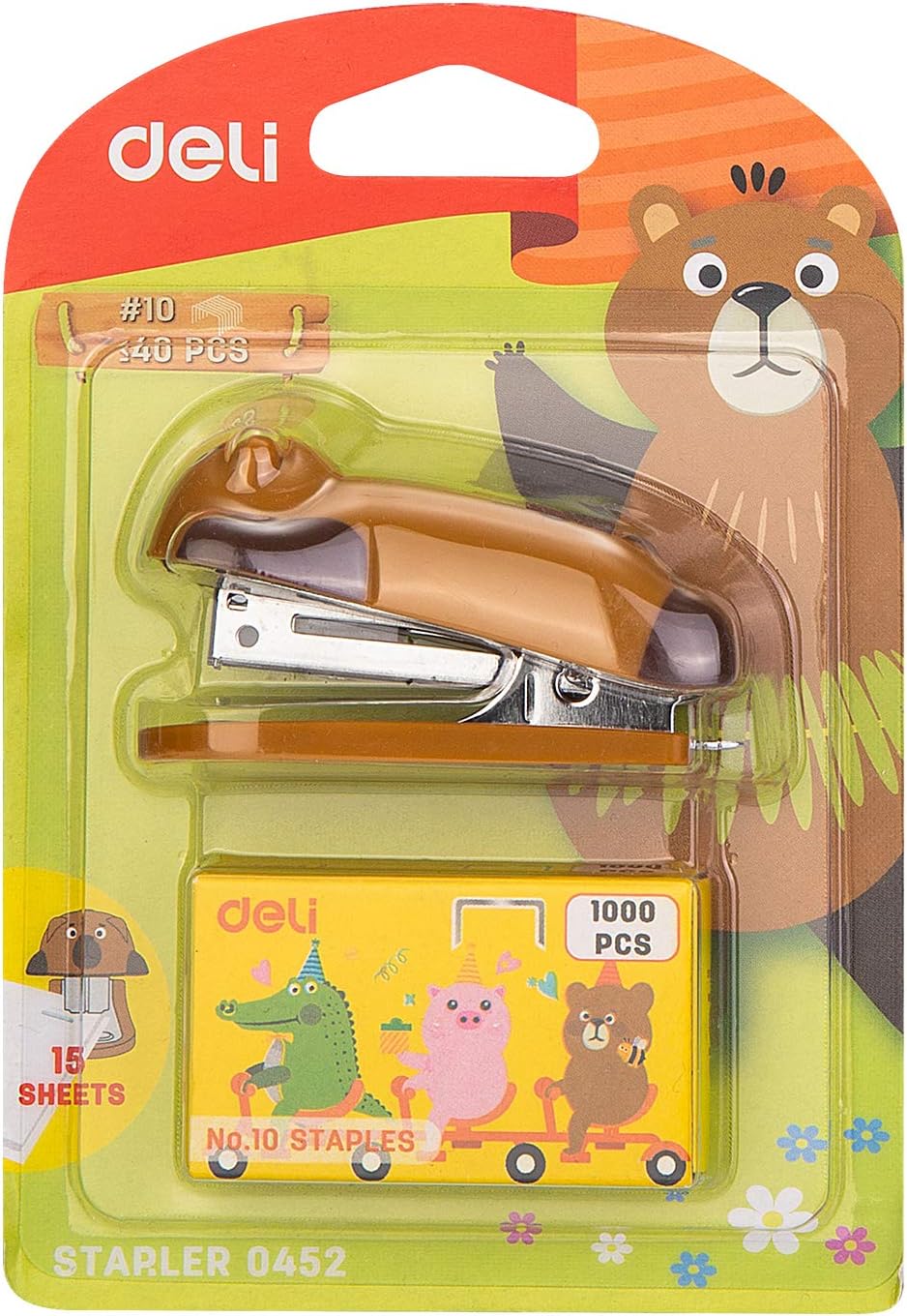 Deli Mini Cute Bear Desktop Stapler, Office Stapler, 12 Sheet Capacity, Includes Built-in Staple Remover & 1000PCS No.10 Staples