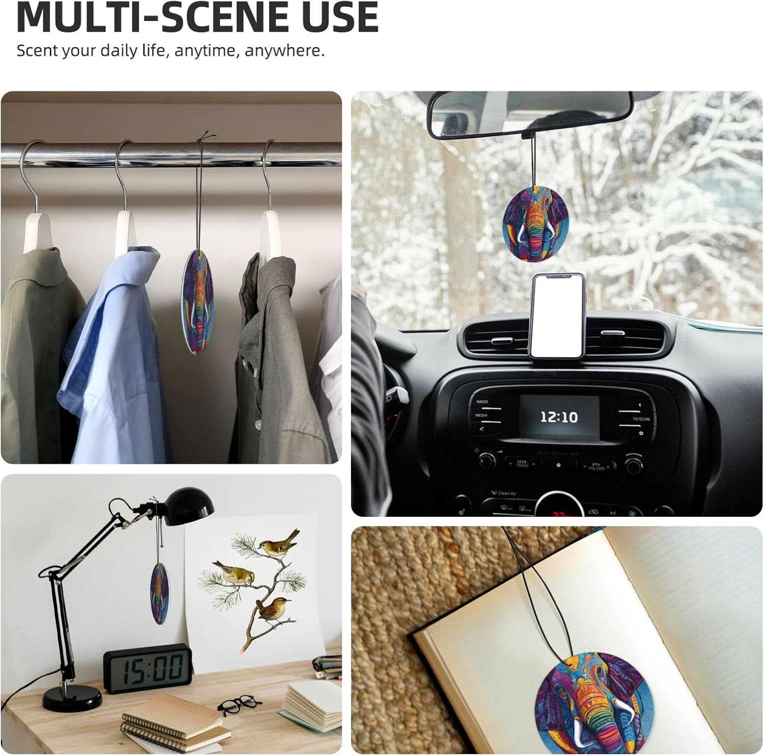 Car Air Freshener 24 PCS Colorful Elephant Hanging Car Air Fresheners Auto Interior Decor Card Freshener Strong Scented Card Lavender Cars Scents for Office Bedroom Close Drawer Round Shape