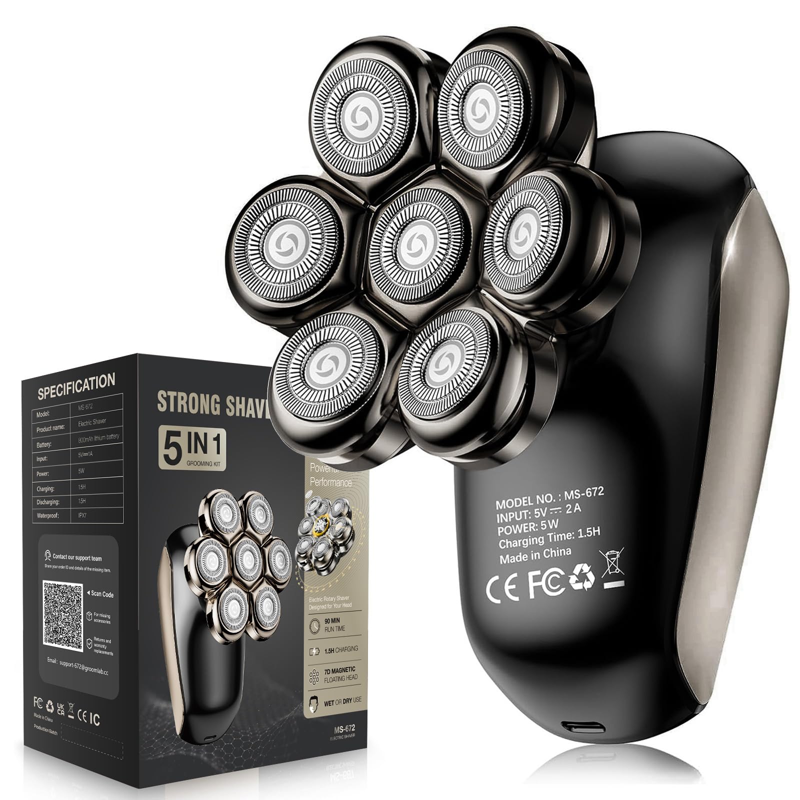 Head Shavers for Bald Men: 5-in-1 Electric Razor with 7D Floating Blades - IPX7 Waterproof Grooming Kit, Detachable Magnetic Head, 90-Min Wet Dry 4
