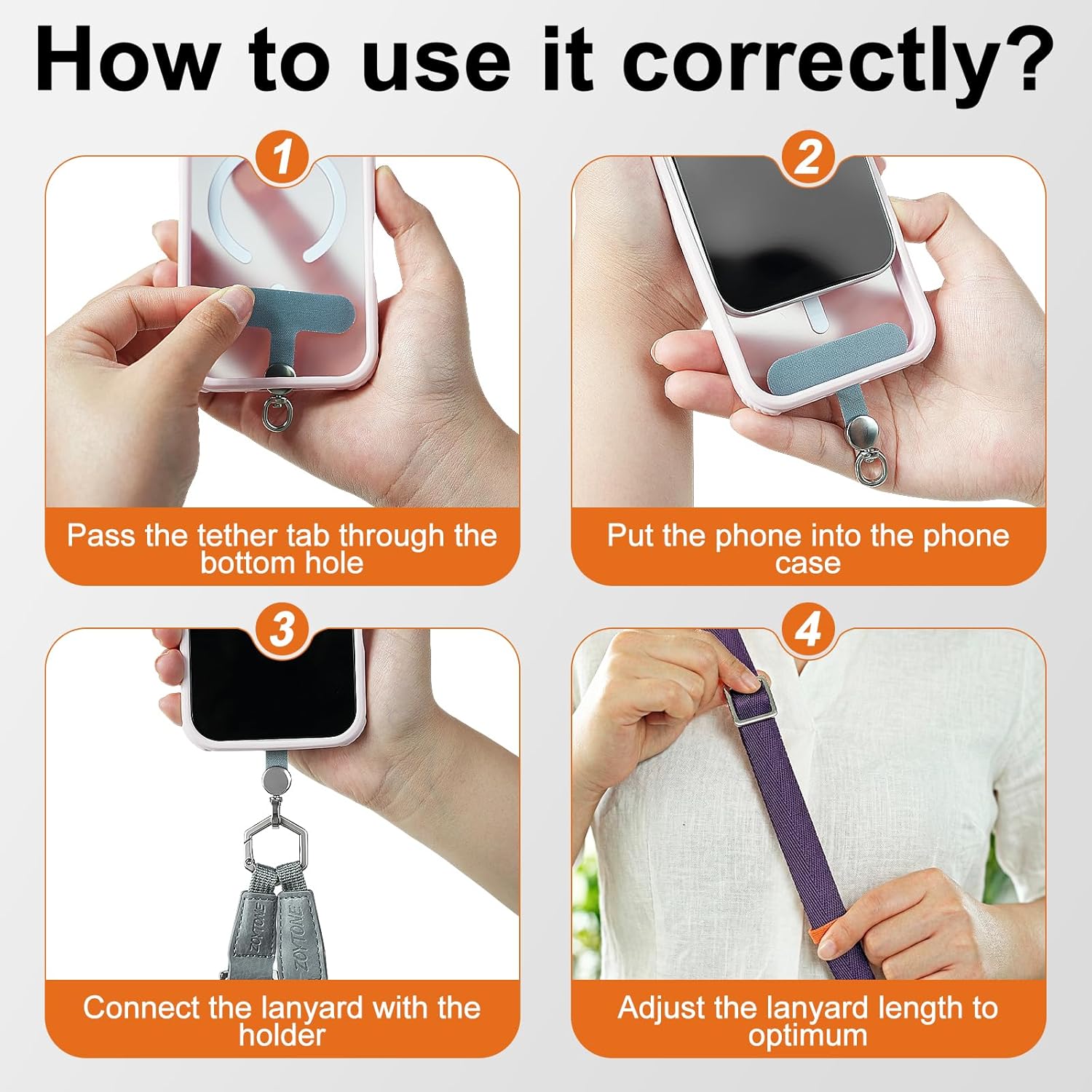 Phone Lanyard Crossbody with 2 Phone Tabs, Adjustable Anti Theft Phone Strap for iPhone & Android, Universal Skin-Friendly Cell Phone Neck Lanyard for Travel Hiking Cycling Shopping (Purple)