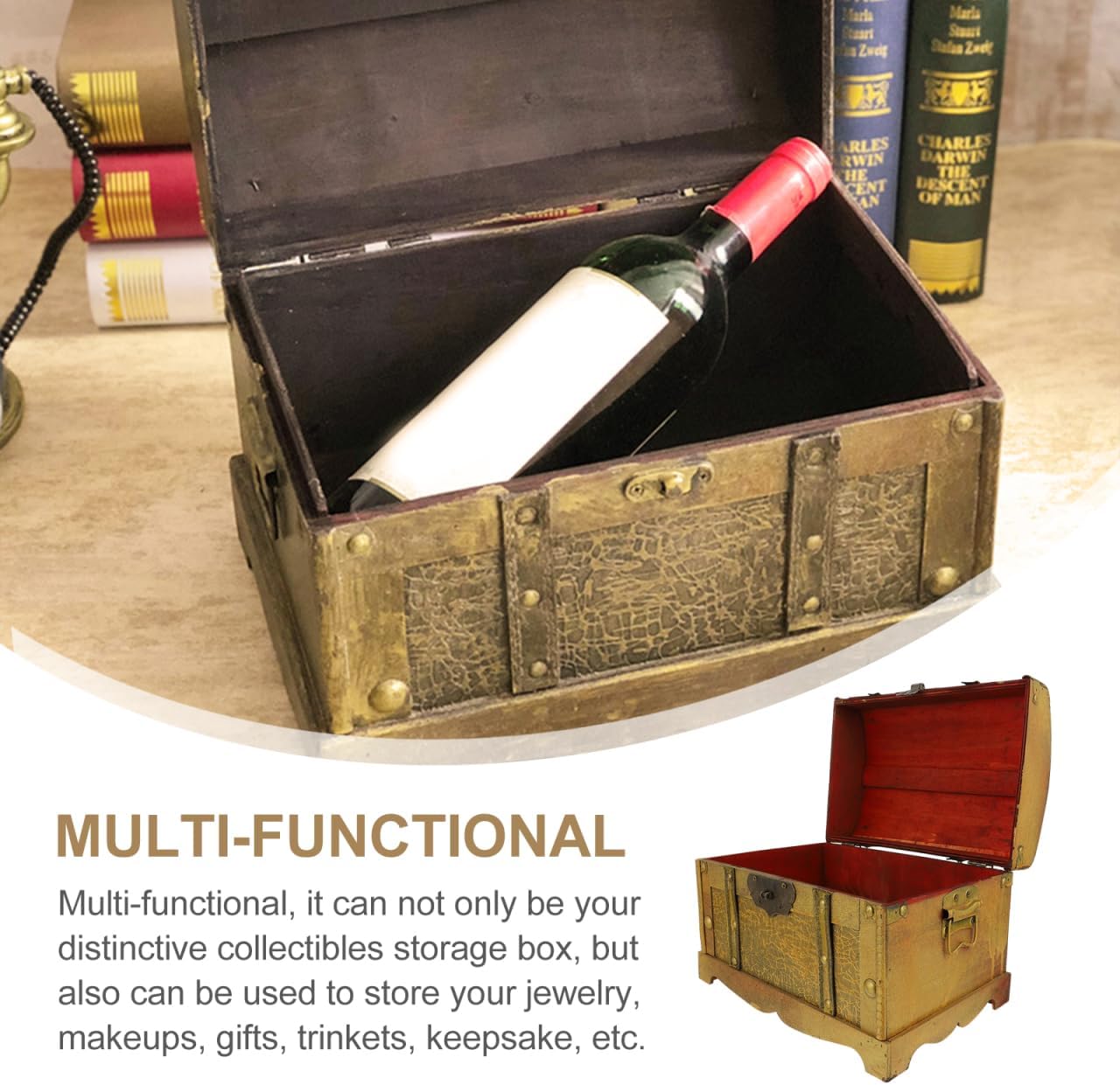 PRETYZOOM Vintage Wooden Pirate Treasure Chest Box with Lock Retro Decorative Storage Box for Jewelry Trinkets and Collectibles Antique Design for Home Decor