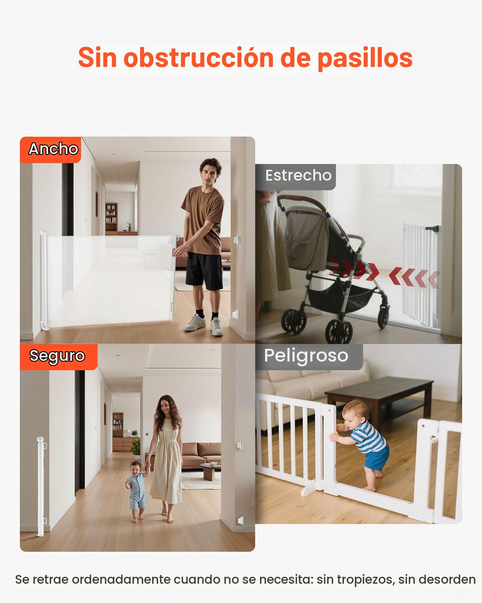 VEVOR Puerta Retráctil 1045x1550 mm, Barrera de Seguridad para Perros con Cierre, Puerta de Malla Permite el Paso sin Tropiezos, para Escaleras Interiores, Puertas, Pasillos, Salas de Juegos, Blanco