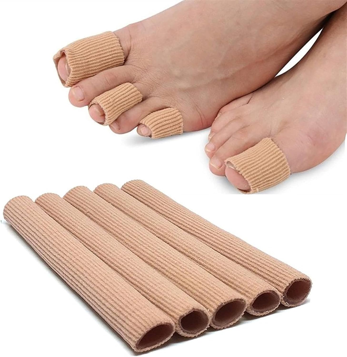 Toe Tubes Sleeves Protectors Finger Protector Applicator Cushions Fabric & Gel Lining Finger Toe Separator Tubing for Bunion, Hammer Toe, Callus, Corn, Blister (5pc Fabric S)