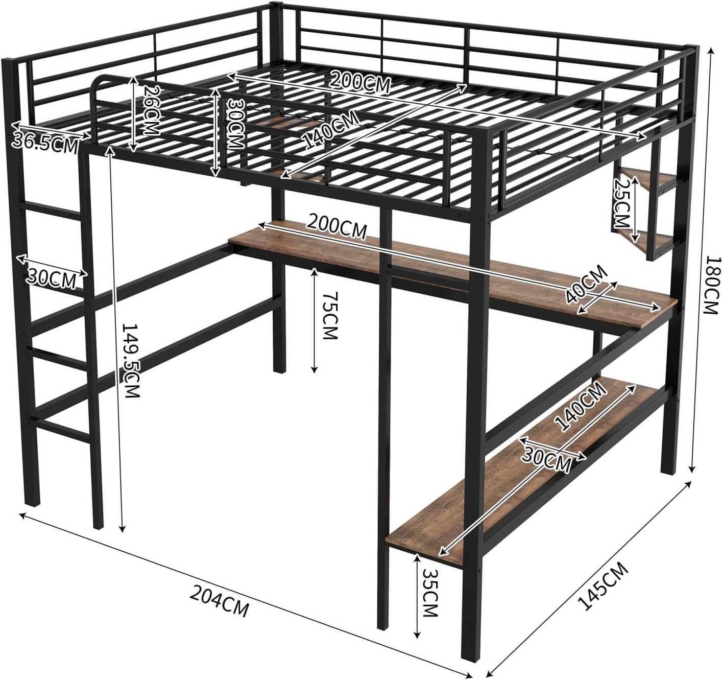 Detailed dimensions of the PUGSDRLY Loft Bed