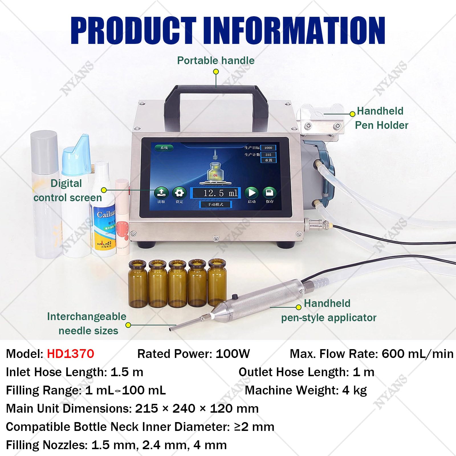Nalewarka Do Płynów (Małe Butelki), Automatyczna Maszyna z Panelem LCD i Precyzyjną Dyszą Igłową, Dozowanie Ilościowe 1–100 ml HD1370