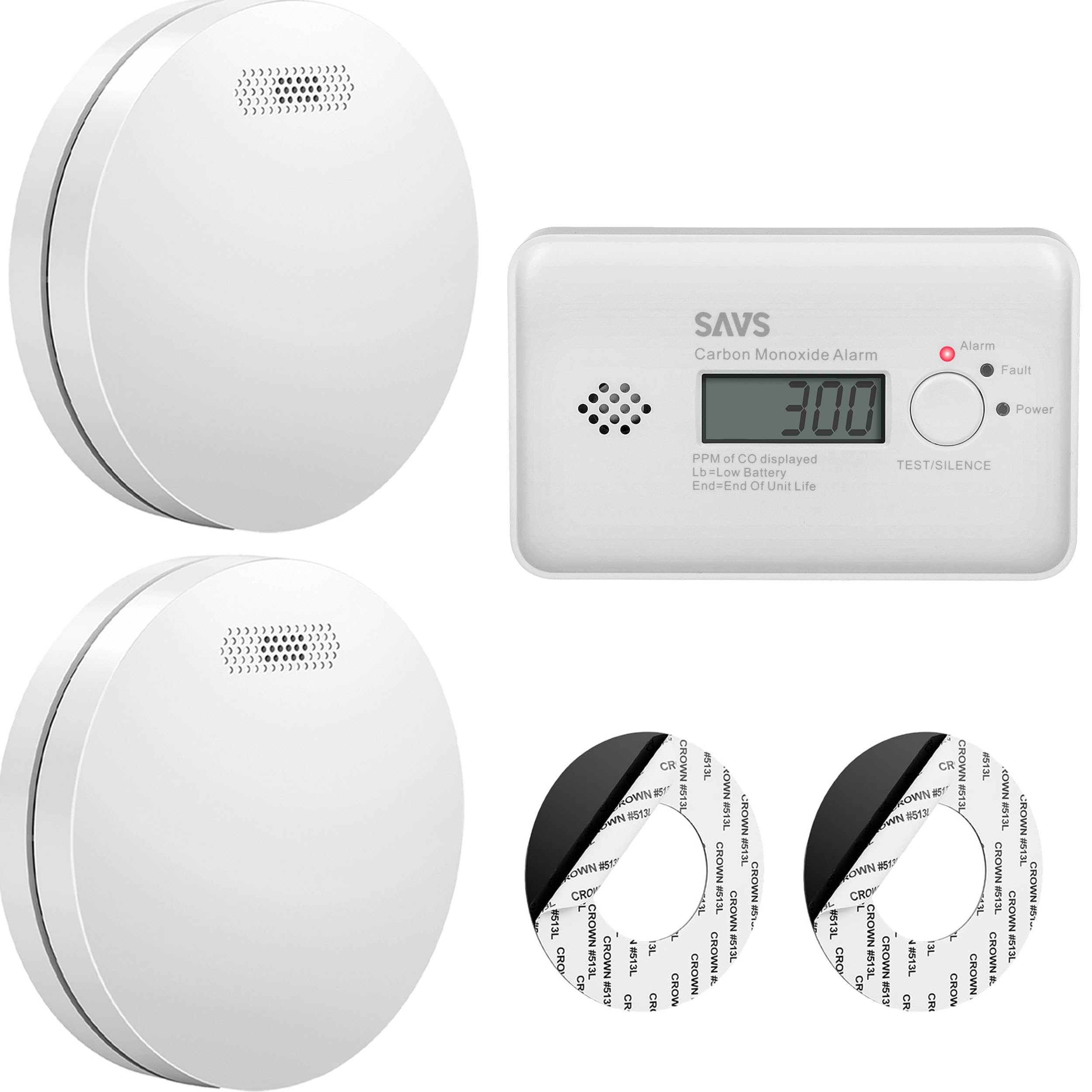 SAVS Brandschutz-Set – 2 Rauchmelder & 1 Kohlenmonoxidmelder – 10 Jahre Batterie – Extra flaches Design – Brand- & CO-Warnmelder – Entspricht europäischen Normen
