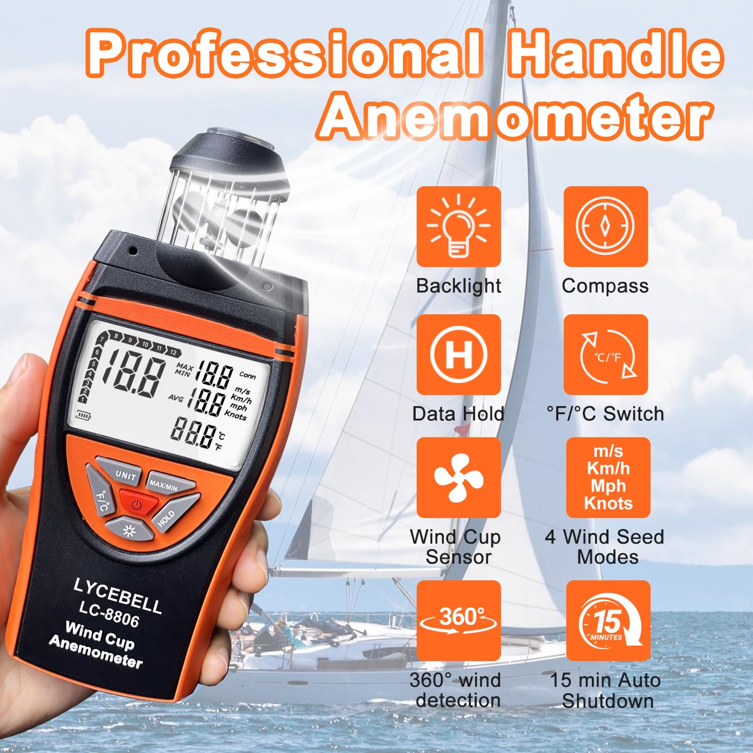 8806 Anémomètre Portable Professionnel – Capteur de Vent 360° 0,7-42 m/s, Mesure Précise de Vitesse Vent et Température | avec Boussole, Rétroéclairage | pour Industriel, Drones, HVAC