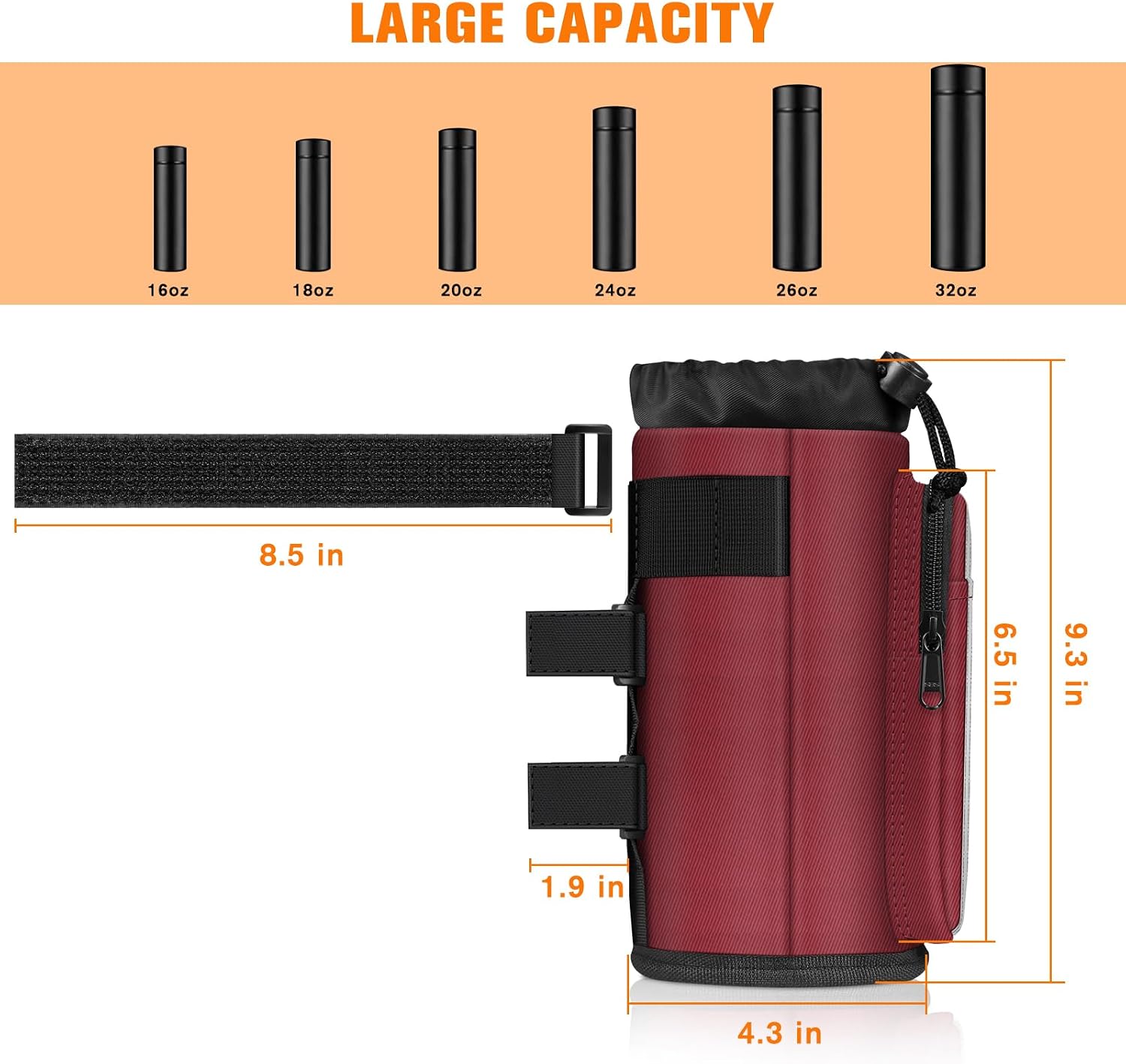 FINPAC Cup Holder for Bike, Universal Water Bottle Holder with Phone Pockets for Stroller Walker Golf Cart Rollator and Scooter, Outdoor, Biking - Burgundy