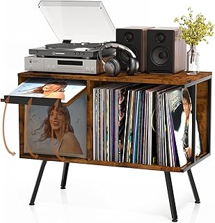 Flip Top Record Player Stand, Large Record Player Cabinet Holds up to 250+ Albums, Mid-Century Turntable Table with Open S...