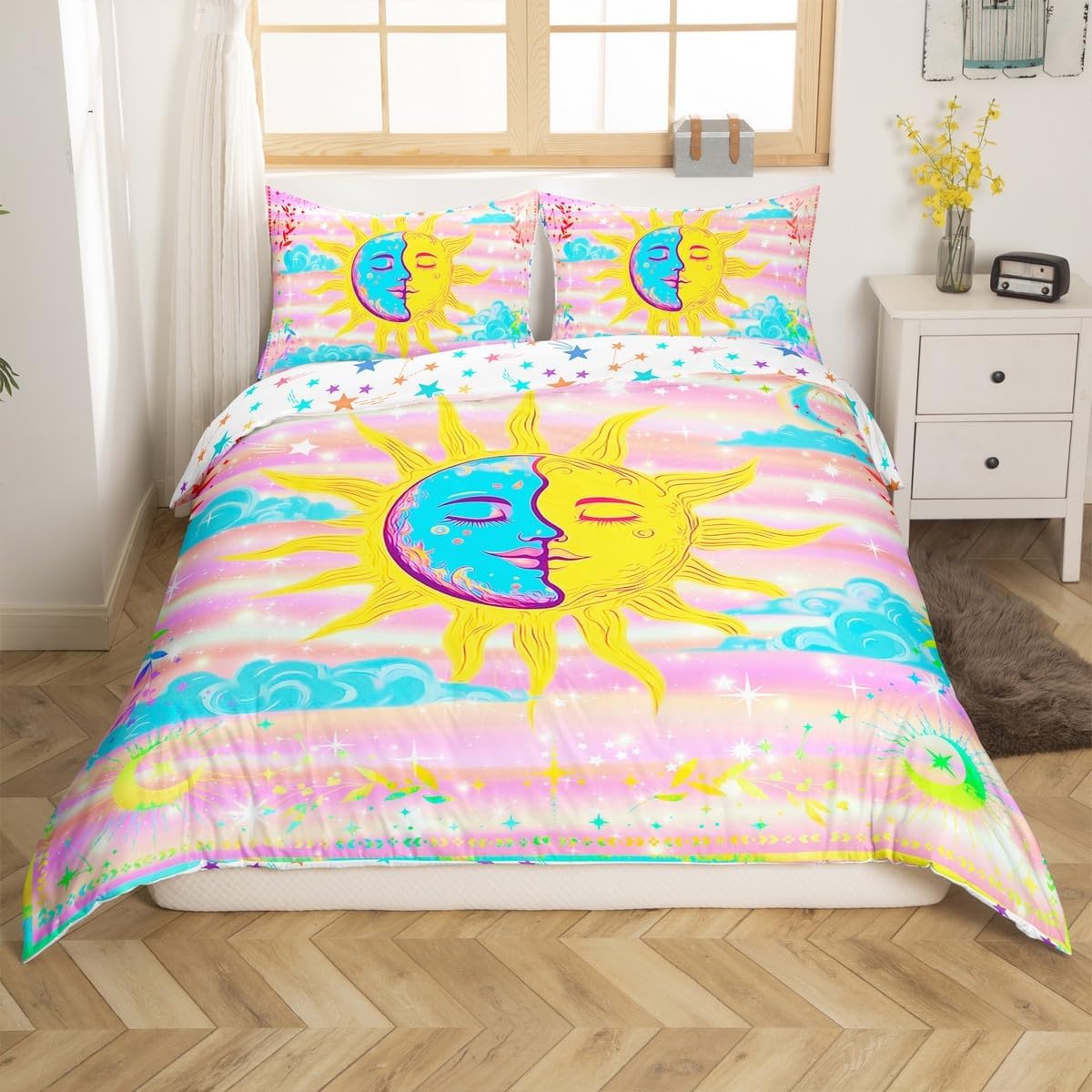 Sun and Moon Duvet Cover Toddler for Kids Boys Girls,Watercolor Starry Night 2 Pieces Duvet Cover,Hippie Bohemian Galaxy Comforter Cover (Not Comforter),Psychedelic Colorful Boho Quilt Cover