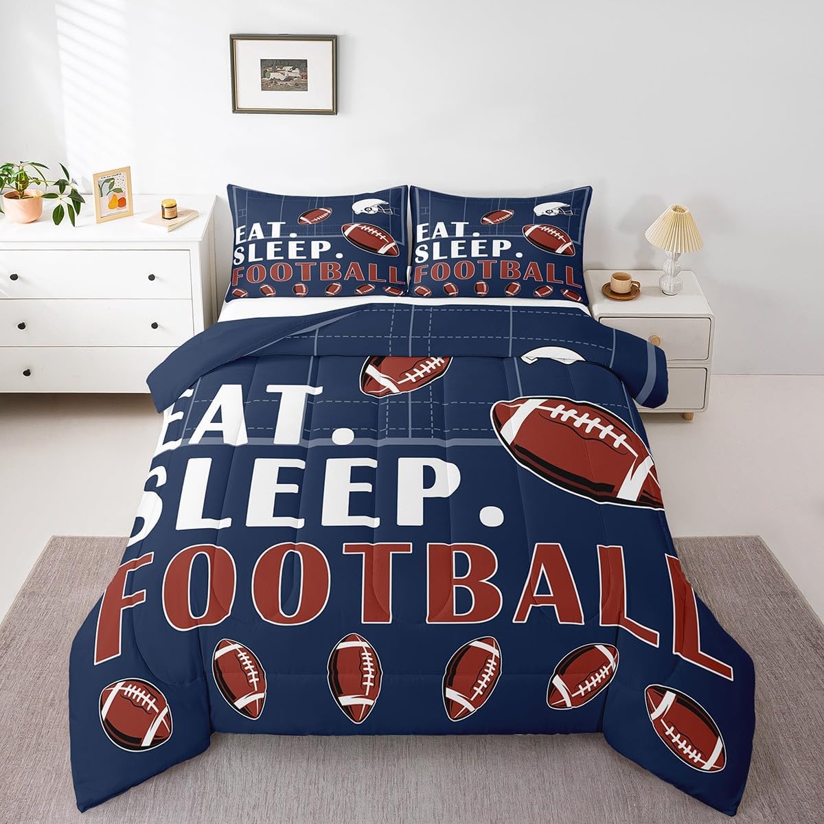 Queen Comforter Sets - Sports Bedding for Boys & Girls - American Football Down Comforter - 3 Pcs Navy Blue