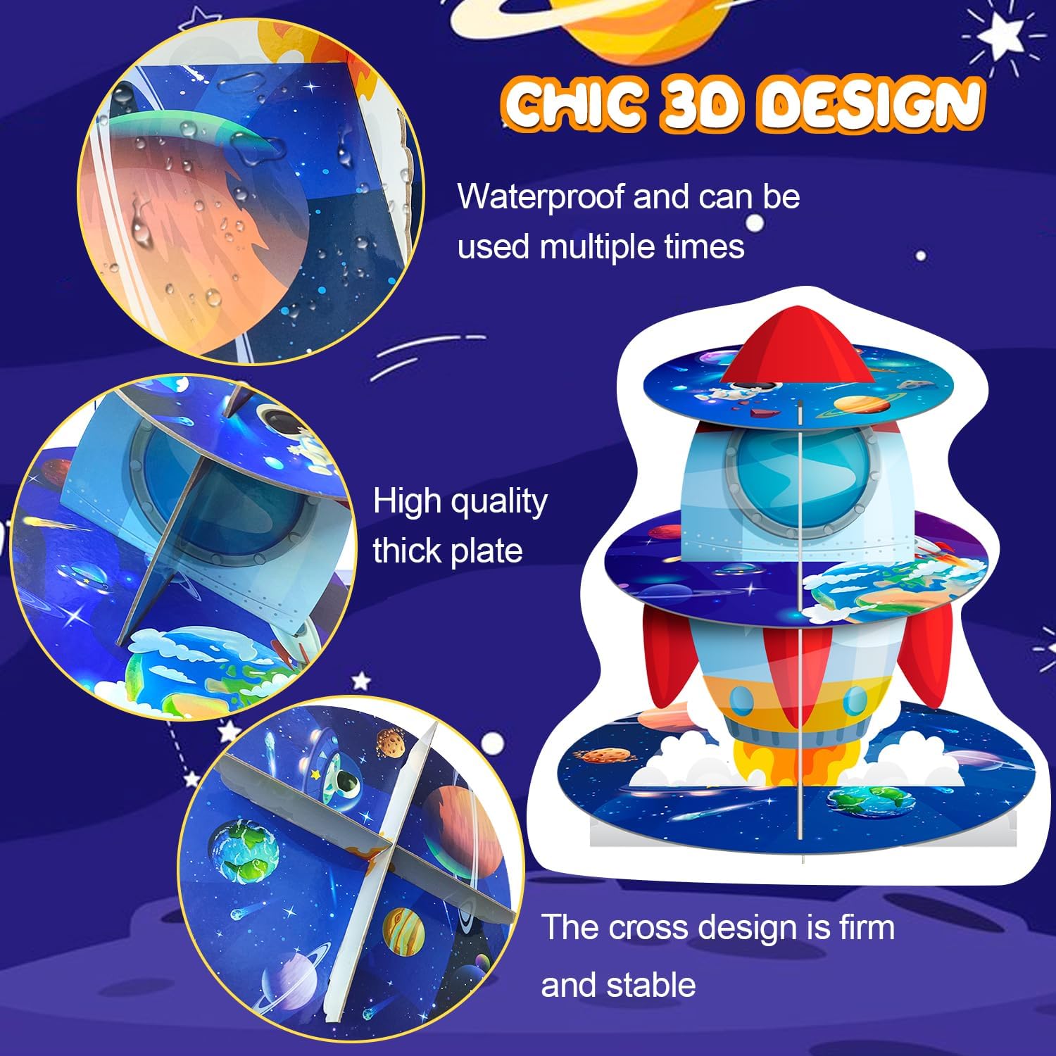 Space Cupcake Stand, 3 Tiers Space Theme Cupcake Stand, Space Cupcake Holder, Space Theme Dessert Tower for Boys Girls Space Themed Party Decorations, Outer Space Birthday Decorations