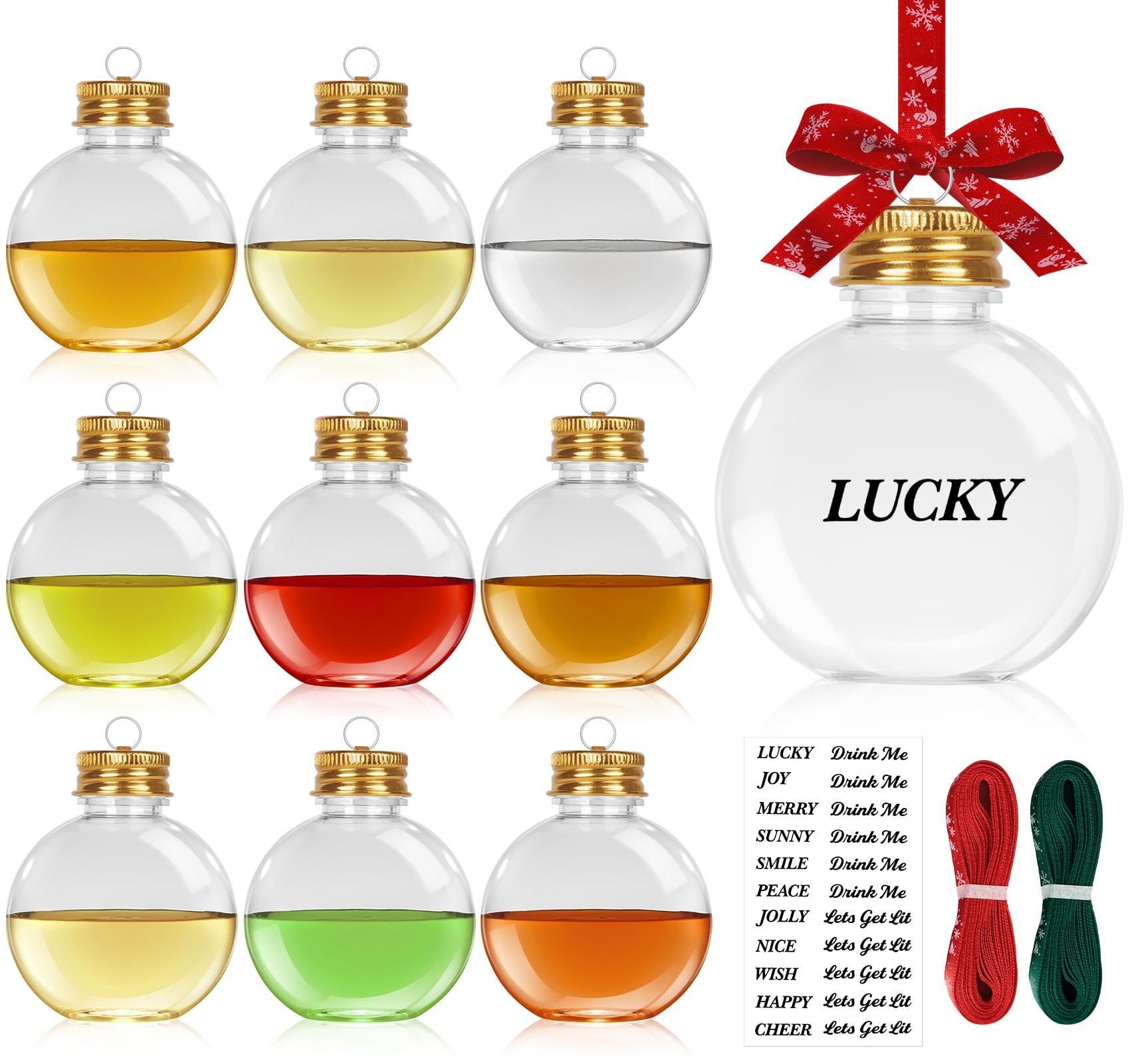 10 Christmas Booze Balls,100ml Clear Plastic Fillable Ornament Balls Discs with Screw Off Cap and Ribbons,Removable Top Clear Hanging Pendant Round Balls for Christmas,Wedding,Party(Bulb Ball)