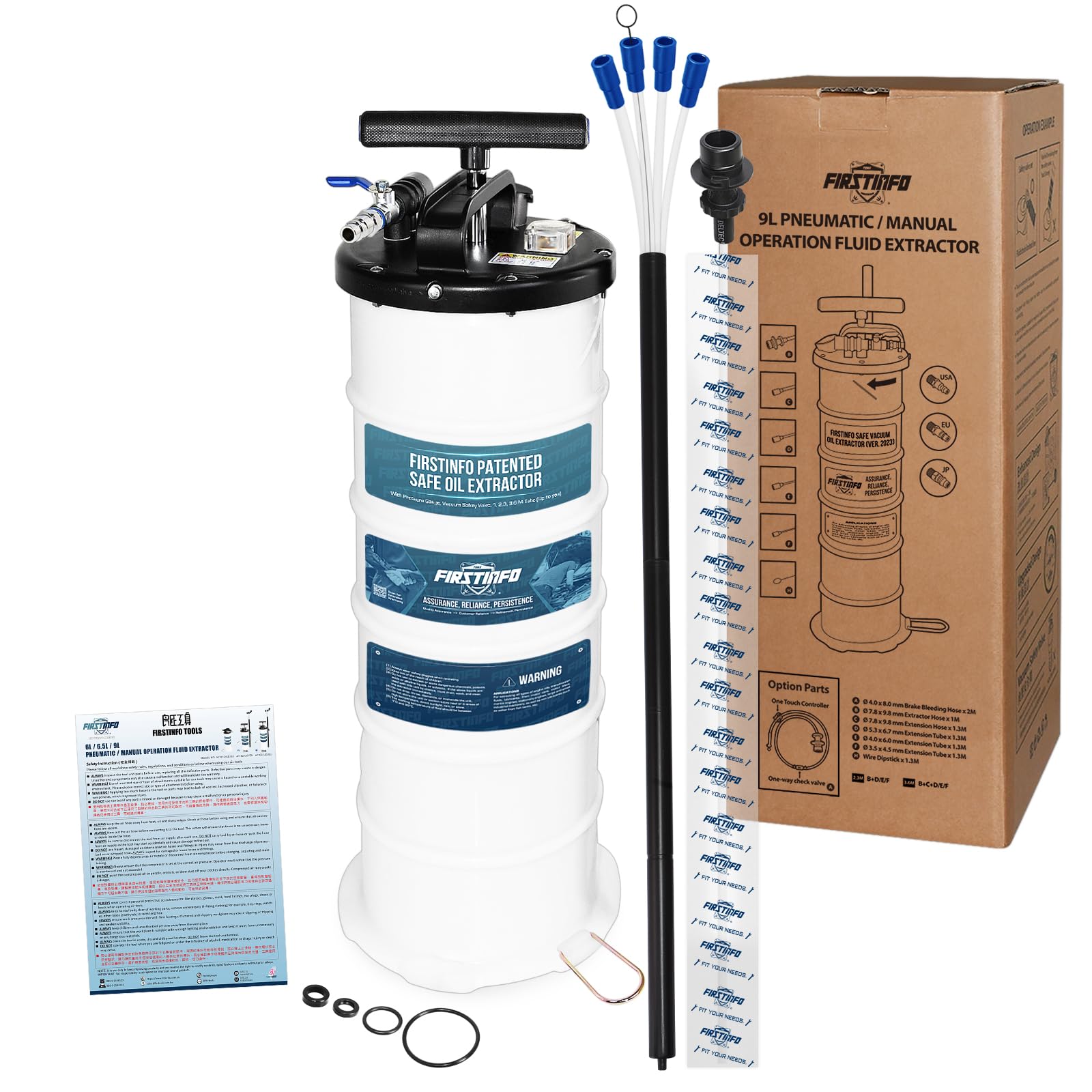 FIRSTINFO Extracteur d’Huile Pneumatique et Manuel 9L, 3e Génération Brevetée, Fabriqué à Taïwan, Pompe de Vidange par Aspiration avec Manomètre, 5 Tuyaux Dont Sonde Ultra-Fine 130 cm, A1108EUY5