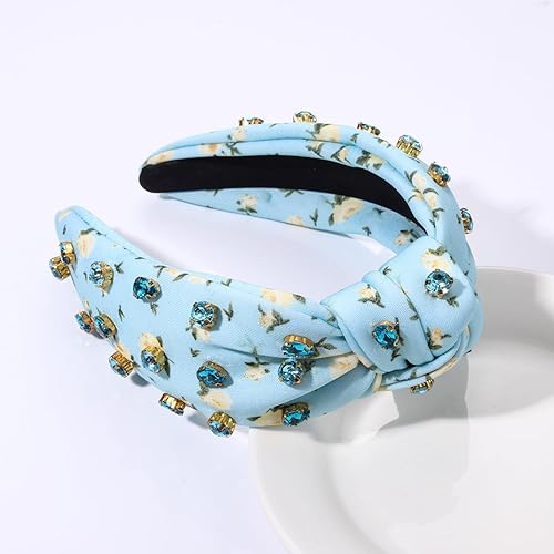Miniatura 6 de Diademas anudadas con perlas para mujer, diademas de flores impresas con cristal de diamantes de imitación y cuentas brillantes adornadas con nudo