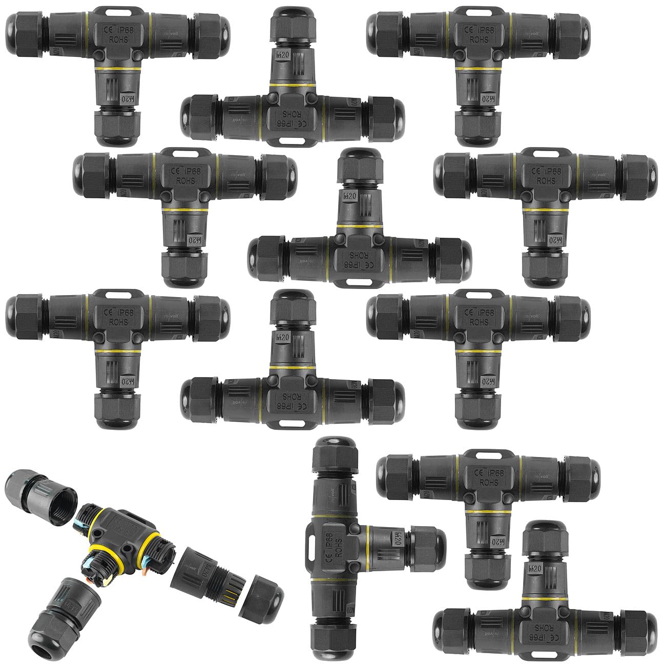 revolt Kabelverbinder IP68: 12er-Set wasserdichte 3-Wege-Kabelverbinder, für ? 3-12 mm Kabel (Mehrwege, Kabelmuffen)