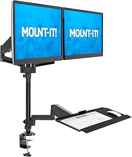 Mount-It! Dual Monitor Desk Mount with Keyboard Tray | Full Motion Gas Spring Dual Monitor Arm and Keyboard Tray Mount | Height Adjustable Sit Stand Workstation | VESA Monitor Mount | Black (MI-7996)