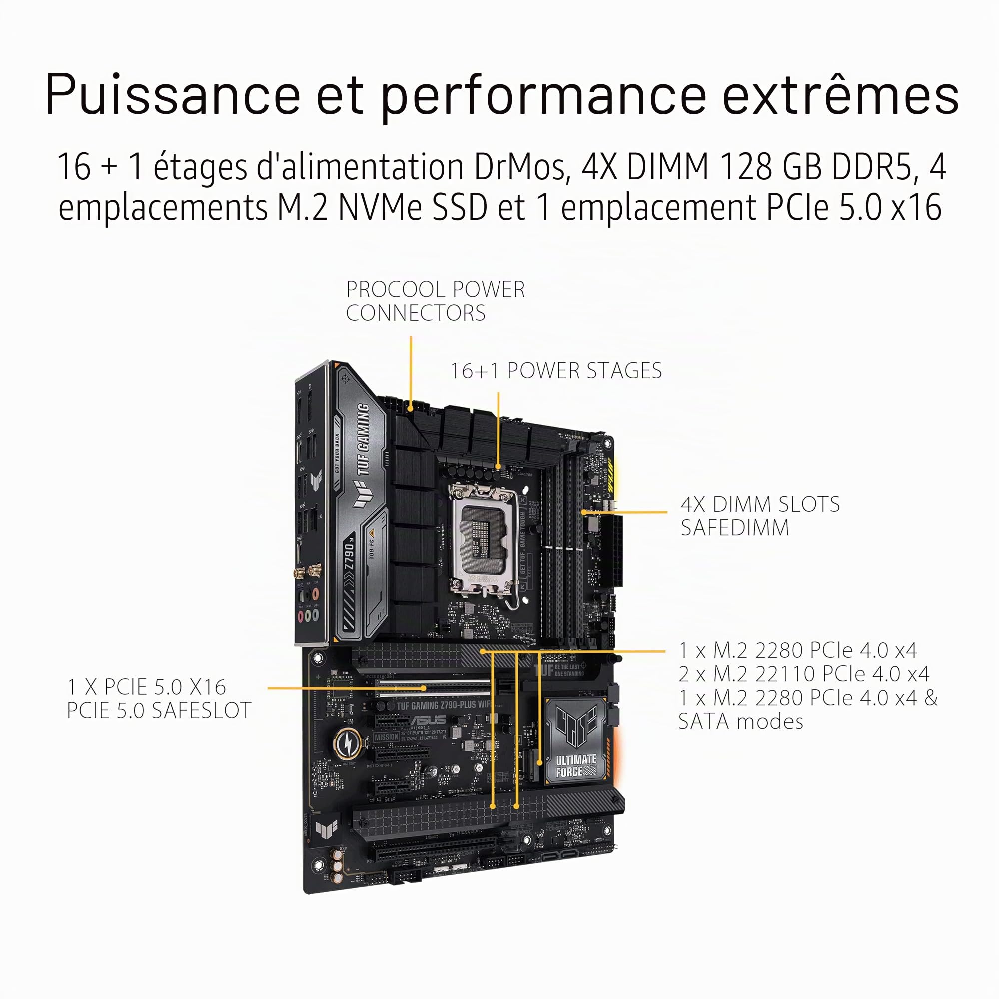 ASUS TUF Gaming Z790-PLUS Carte mère Intel LGA 1700 ATX (PCIe 5.0, Quatre M.2, 16+1 DrMOS, DDR5, 2,5 Go Ethernet, Wi-FI 6E, USB 3.2 Gen 2x2 Type C, Thunderbolt (USB4), Aura Sync, AEMP II) | ATX, PCIe 5.0, mémoire DDR5, 4 x M.2, HDMI, DisplayPort, WiFi 6,