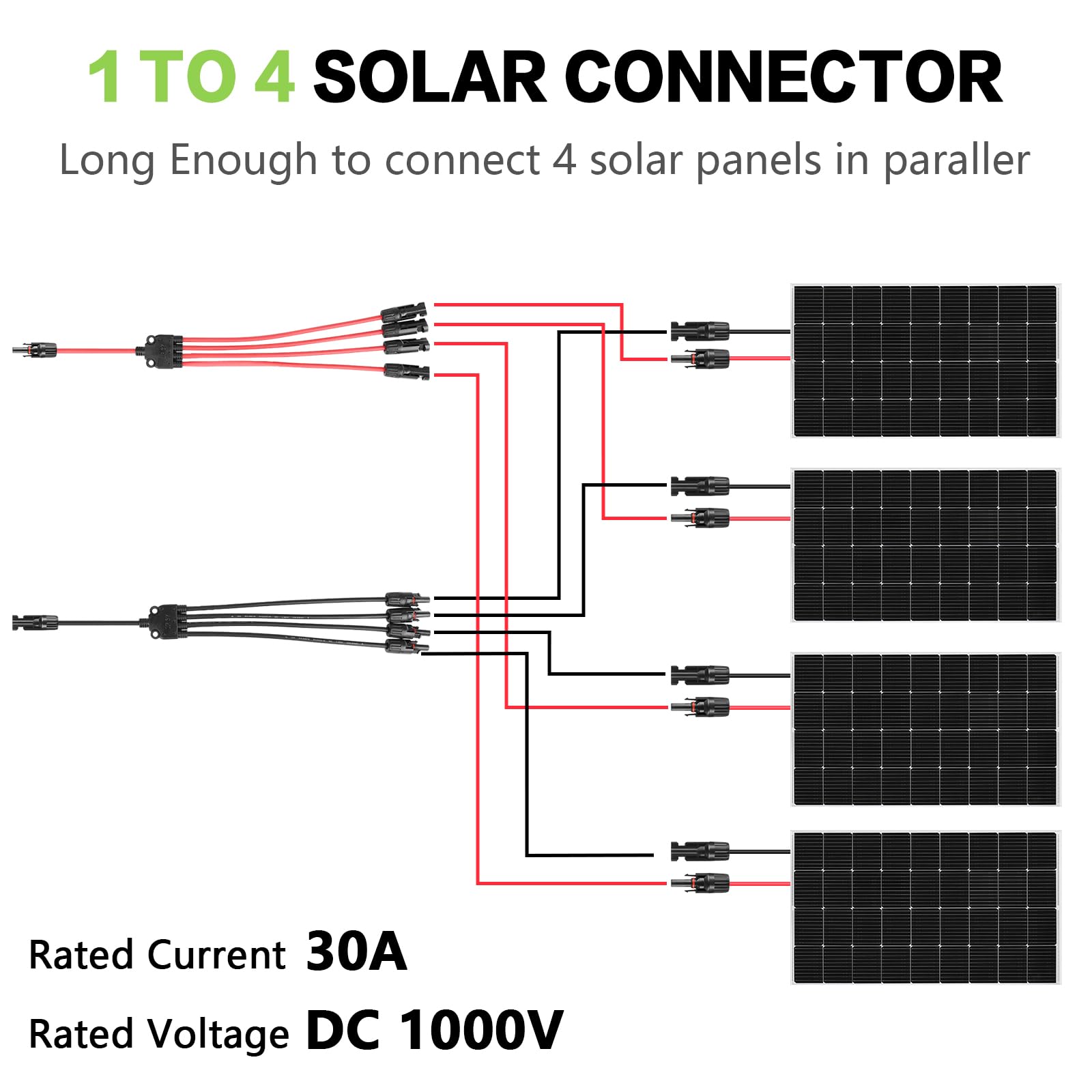 Conectores solares en Y de 1 a 4 conectores paralelos de panel solar, adaptador solar extralargo, kit de herramientas de enchufe de alambre (M/FFFF, F/MMMM)