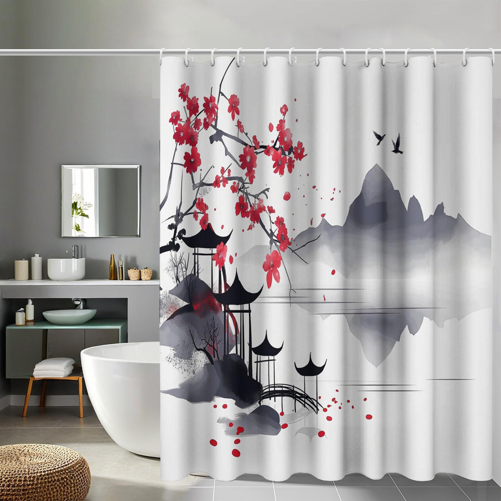 Rideau de douche polyester lavable et anti-moisissure blanc pur 180x180 cm avec crochets