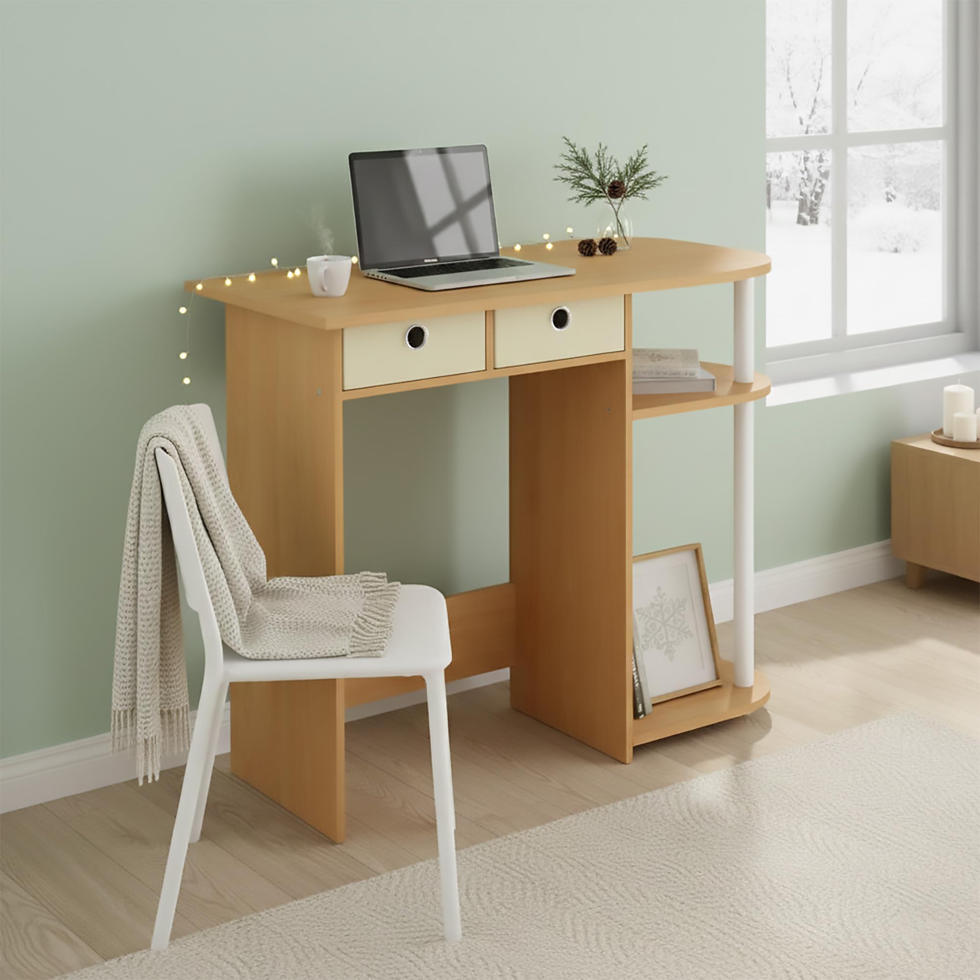 Ipoh Home Computer Desk, 32 Inch Writing Desk, Study Desk with Side Shelves and Bin Storage, for Home Office, Study Room, Natural/White