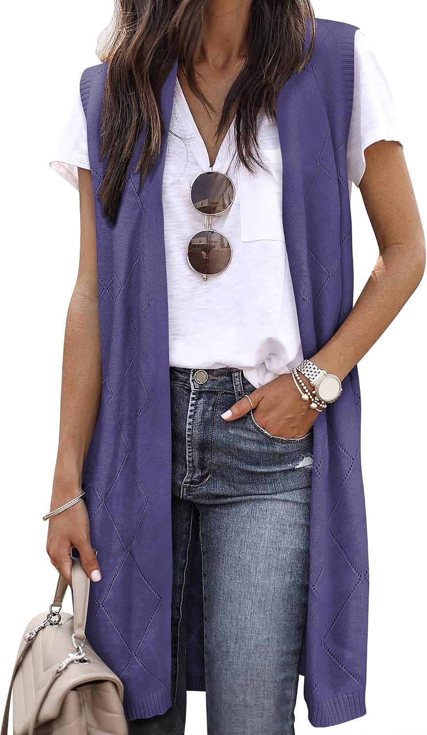 Hibluco Women's Long Open Front Cardigan Sweater – Waffle Knit With Pockets – Casual Cotton Blend - View #9