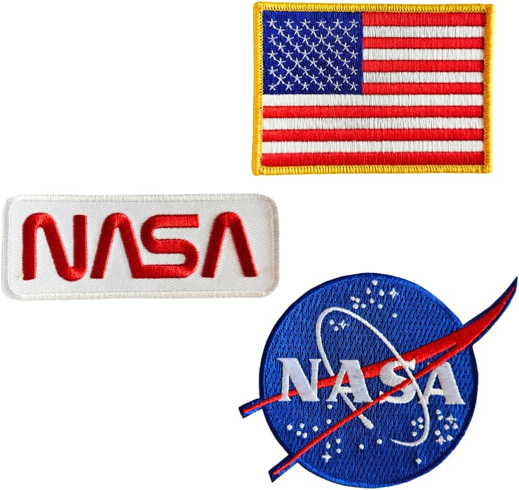 Complete Patches Set for NASA Astronaut Costume - USA Flag, Nasa White-Red (Set of 3) - Iron on and Sew on Embroidery Patch - Can Be Ironed onto Anything You Can Iron