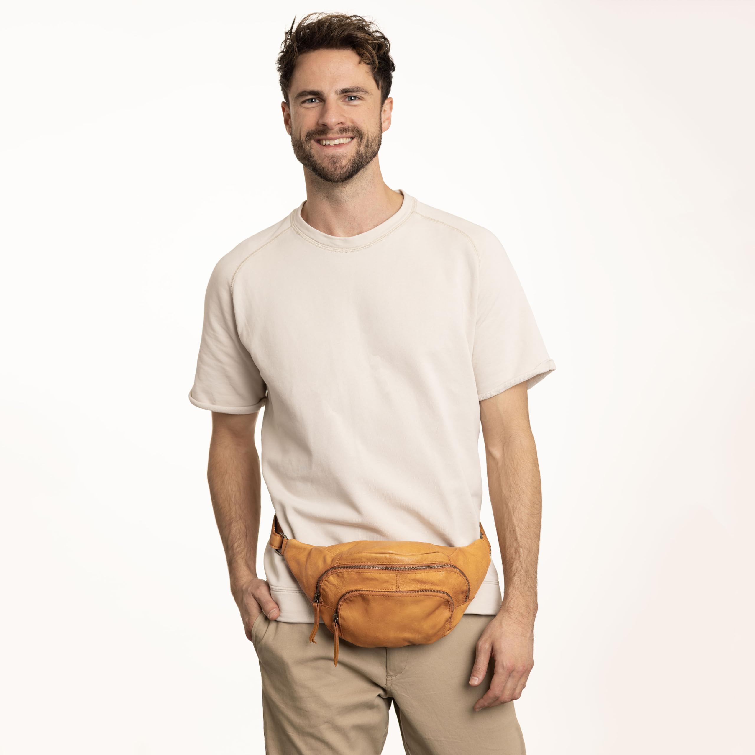 Gusti Sverre - Riñonera de piel, estilo vintage, para hombre y mujer, práctica riñonera con 3 compartimentos y cremalleras, coñac, Einheitsgröße, Retro