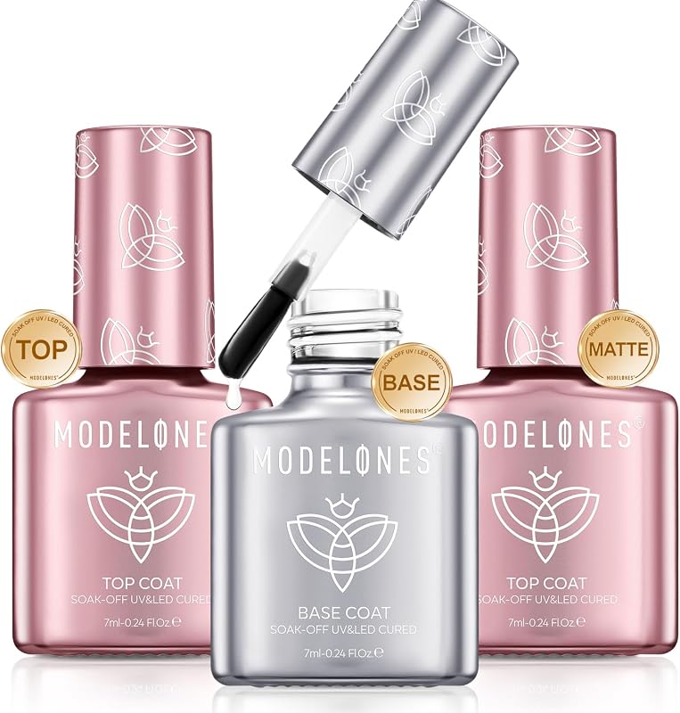 modelones Matte Glossy Top Coat and Base Set 3PCS Upgrade Formula | Strong Adhesion Chrome Proof Velvet Matte No Wipe Glossy Finish Wide Curved Brush Anti-Yellow Long Lasting Soak Off U V Cure
