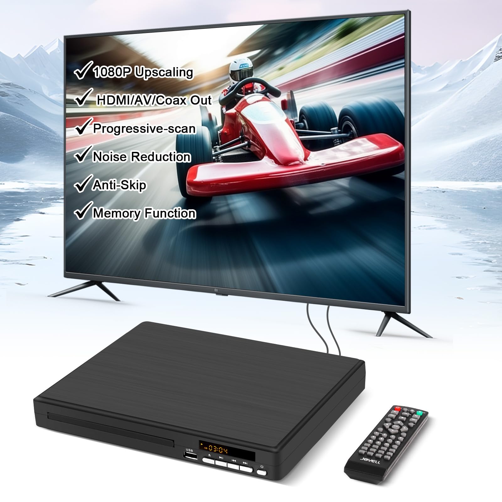Lecteur DVD Région Libre pour Télévision, Suréchantillonnage 1080P, Entrée USB, Sorties Coaxial/HDMI/RCA, Mémoire de Reprise, Prise en Charge PAL/NTSC, Lecteur DVD/CD pour Maison (JOVELL DVD-198)