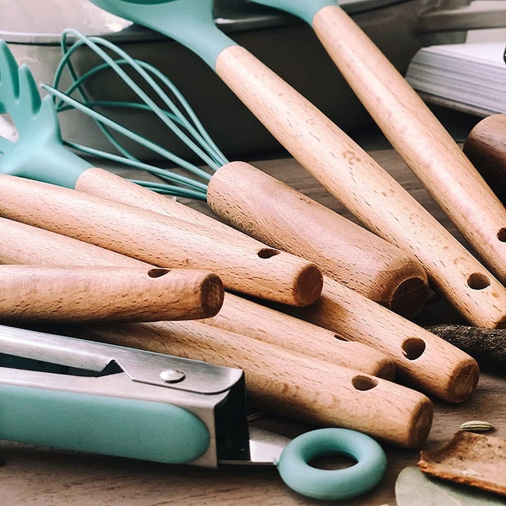 Kitchen Utensils Set,Cooking Kitchenware Tool Silicone Utensils with Wooden Multifunction Handle Ladle Egg Beaters Shovel