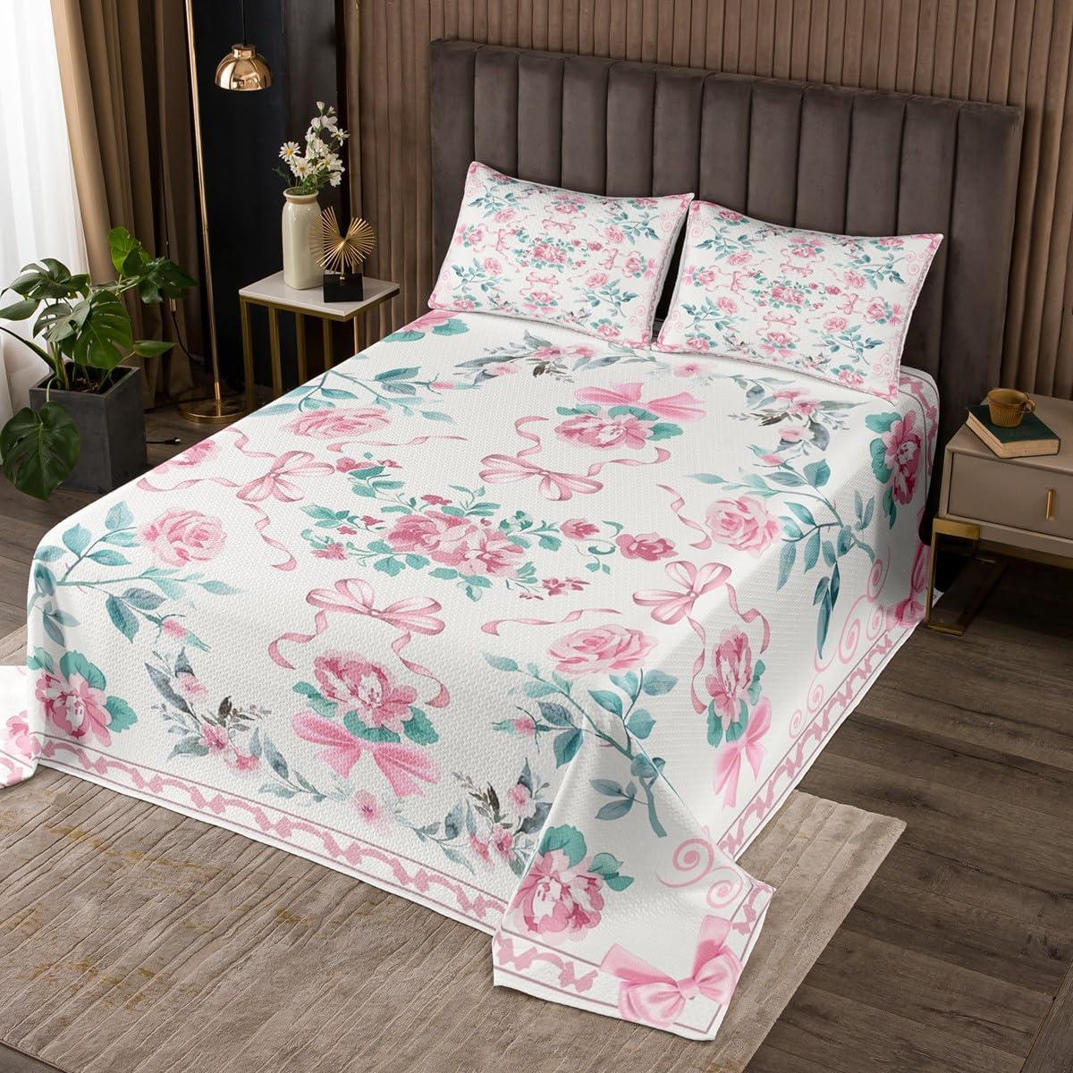 Manfei Cartoon Bowknot Kids Bedspread Twin Size,Rose Flower Leaf Rustic Coverlet Set,Girls Boys Room Decor,Princess Bow Tie Quilted Coverlet,Pink Green Bedding Quilt,1 Pillowcase