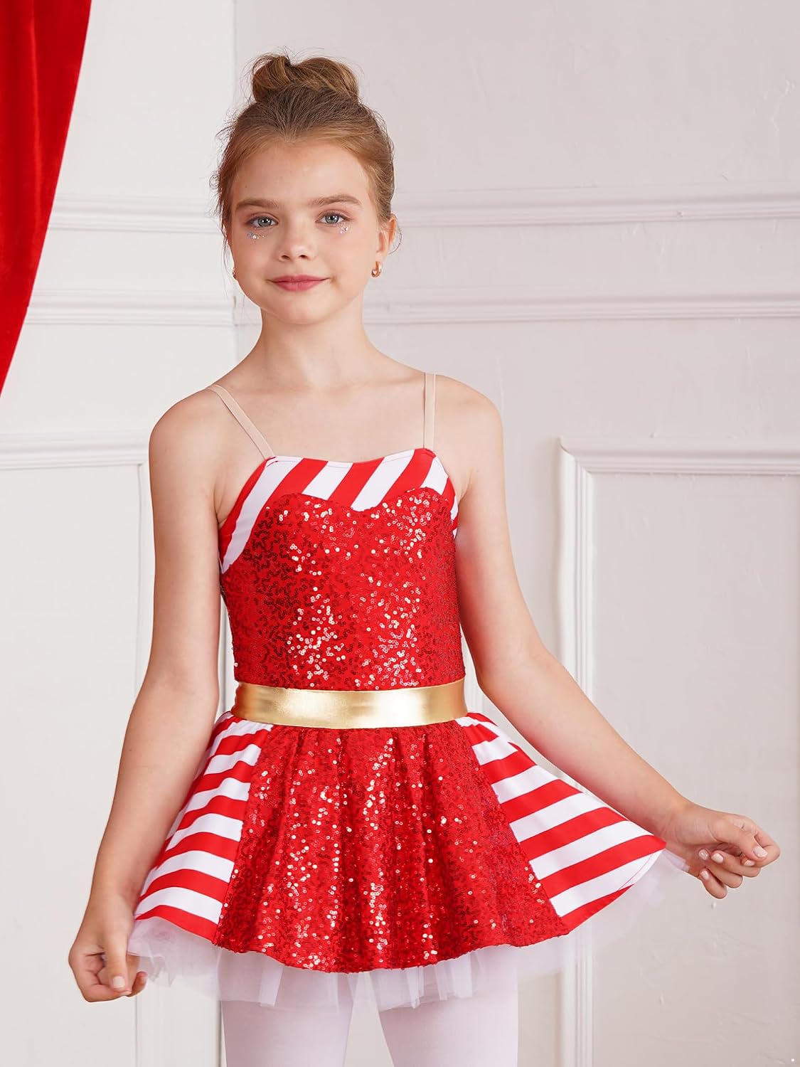 ranrann Kids Girl's Sequin Striped Camisole Dance Dress Christmas Ballet Leotard Dancewear Xmas Party Outfits