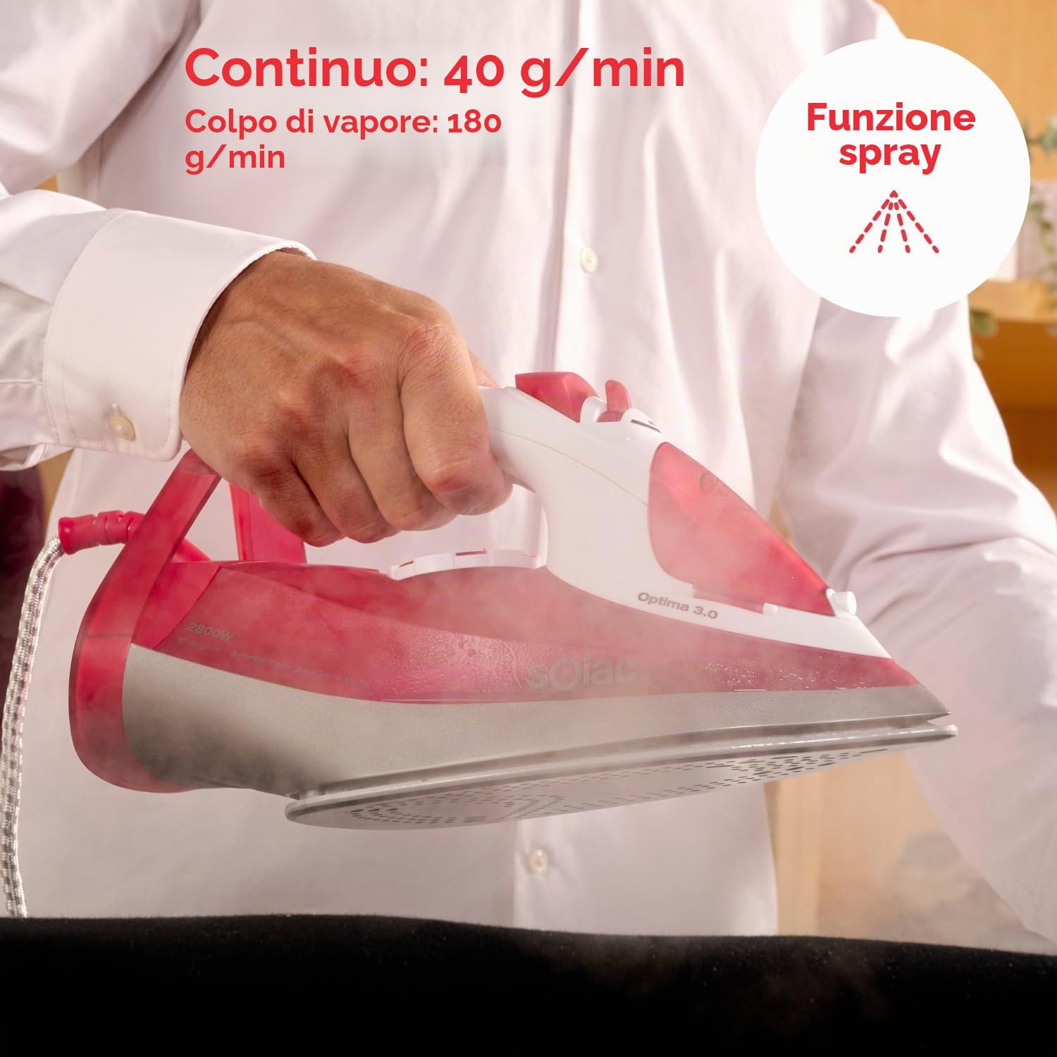 Solac - ferro da stiro a vapore + 2800W | colpo vapore 180 g/min | vapore continuo 40 g/min | vapore verticale | anticalcare | piastra ceramica | punta di precisione | rosso e bianco