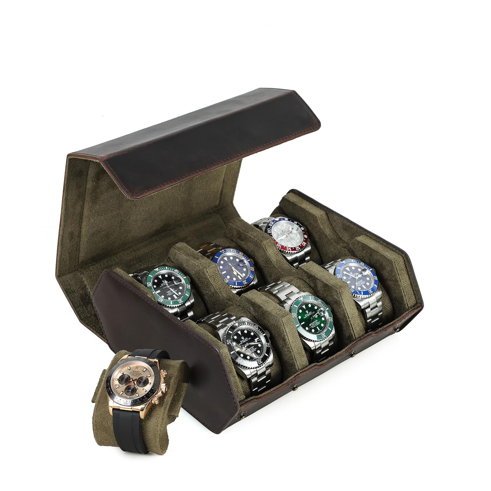 NFBCXUTKW Leather Watch Box, Genuine Leather Hexagonal Watch Storage Roll Case, Travel Watch Organizer Case (6 Slot, Coffee)