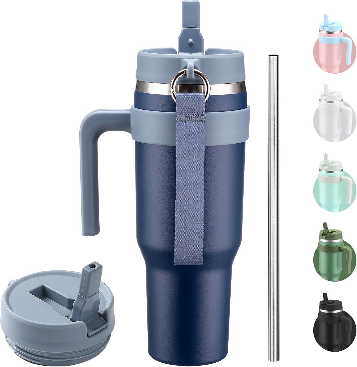 BLUEGO 46 oz Water Bottle with Handle Tumbler with Flip Straw Lid Leakproof Vacuum Insulated Stainless Steel Drinking Cup Travel Mug for Home Office or Car, Dark Blue Thumbnail